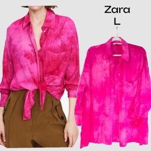 Zara Pink Tie Dye Linen Blend Oversized Button Down Blouse Size L